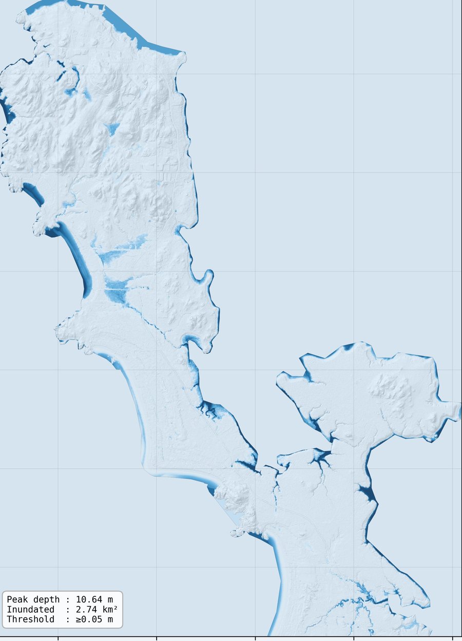 Simulated flood depth map of Tofino